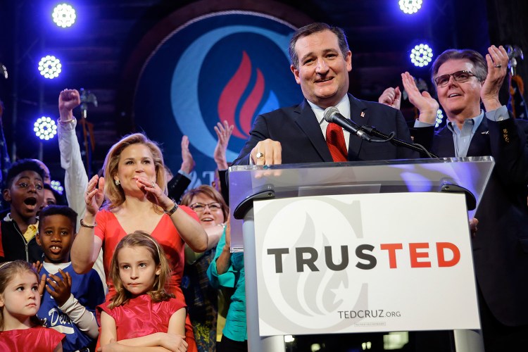Ted Cruz addresses the crowd at an election night watch party Tuesday in Stafford, Texas. Cruz won the Republican primary in his home state and in neighboring Oklahoma.