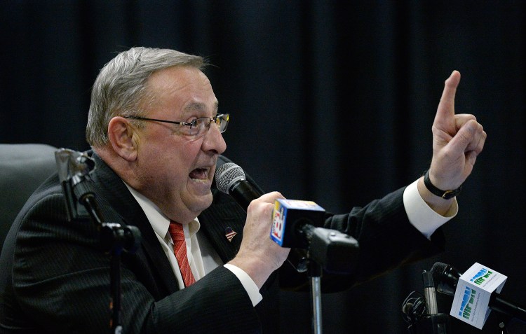 Gov. Paul LePage speaks at Thursday night's town hall meeting in Damariscotta. He urged the people in the audience to reject a statewide ballot measure that would raise Maine's minimum wage to $12 an hour. House lawmakers are expected to officially kill a bill seeking a more modest minimum wage increase than the $12-an-hour proposal.
Shawn Patrick Ouellette/Staff Photographer