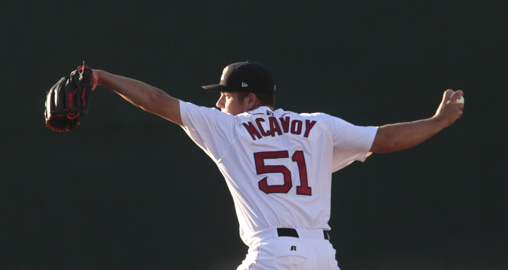 Derek Davis/Staff Photographer
Portland's Kevin McAvoy delivers a pitch in the second inning of the Sea Dogs' 4-2 win over the Trenton Thunder on Tuesday in Portland.