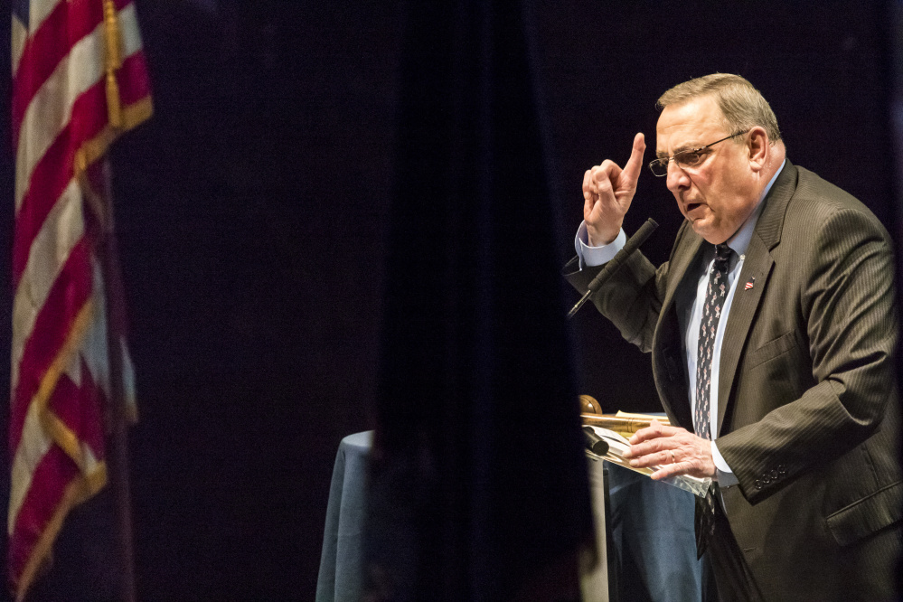 Gov. Paul LePage delivers his keynote address Saturday at the Maine Republican Party's state convention at the Cross Insurance Center in Bangor.