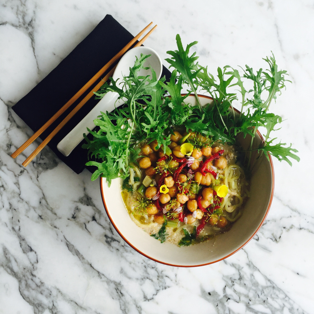 Chick Pea Ramen with Chickpea Miso, Kale, Sundried Tomatoes and Scallions