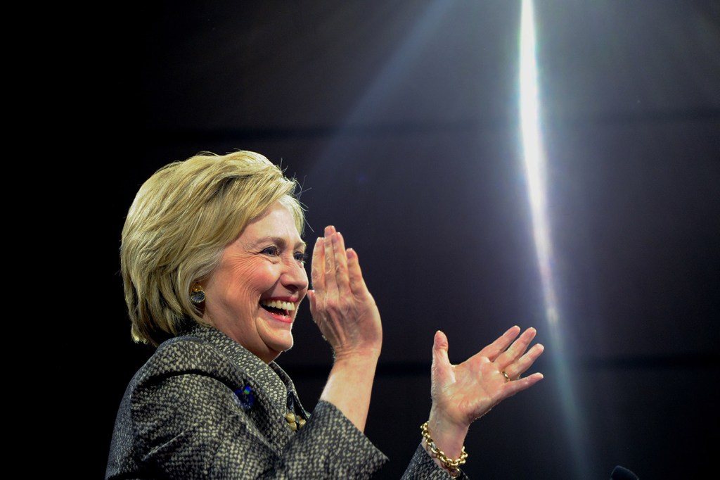 Hillary Clinton arrives onstage at her victory party at the Convention Center in Philadelphia on Tuesday night. She won Tuesday's primaries in Pennsylvania, Delaware, Maryland and Connecticut to close in on the Democratic nomination.
Tom Gralish/The Philadelphia Inquirer via AP