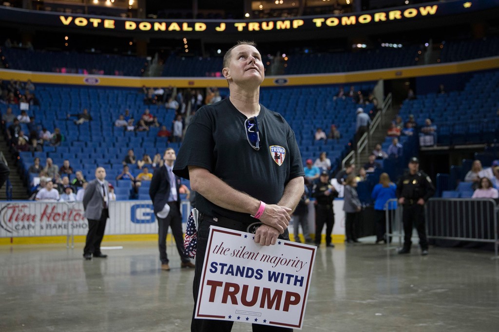 Charlie McNeely waits for the arrival of Donald Trump at a campaign stop Monday at the First Niagara Center in Buffalo, N.Y.
The Associated Press