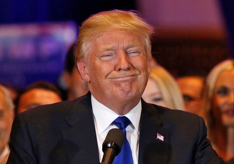 Republican presidential candidate Donald Trump pauses as he speaks at his New York presidential primary night rally in Manhattan on Tuesday. Reuters