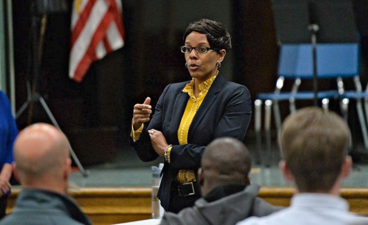 Teresa Lance of Colorado speaks at Tuesday night's forum at King Middle School in Portland. Lance is one of two finalist for the superintendent job in Portland.
Shawn Patrick Ouellette/Staff Photographer