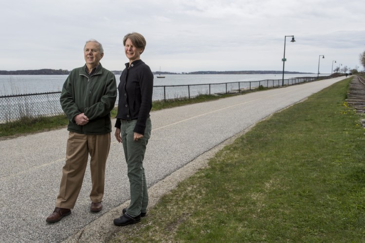 Tom Jewell and Kara Wooldrik at the Eastern Promenade Trail by East End Beach. Jewell was co-founder of the Portland Trails system and Wooldrik is the executive director.