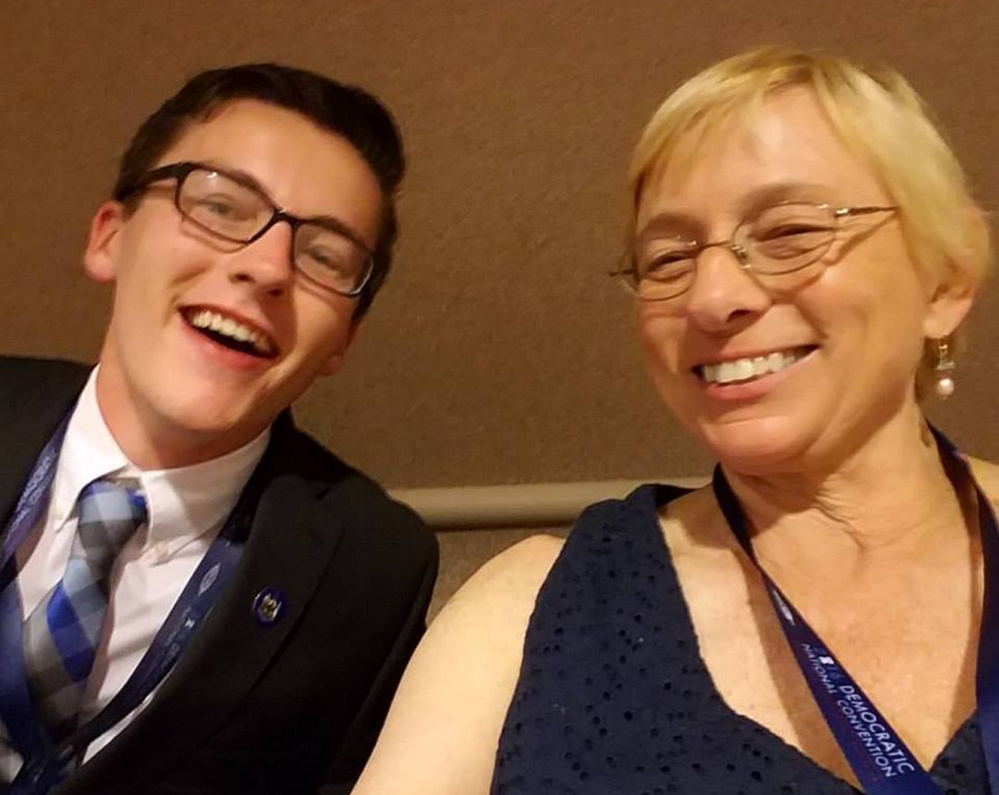 AT TOP RIGHT: Clinton delegate Cynthia Dill from Cape Elizabeth. BOTTOM: Maine's 17-year-old national delegate Trevor Doiron of Jay, with Attorney General Janet Mills, both Clinton delegates.