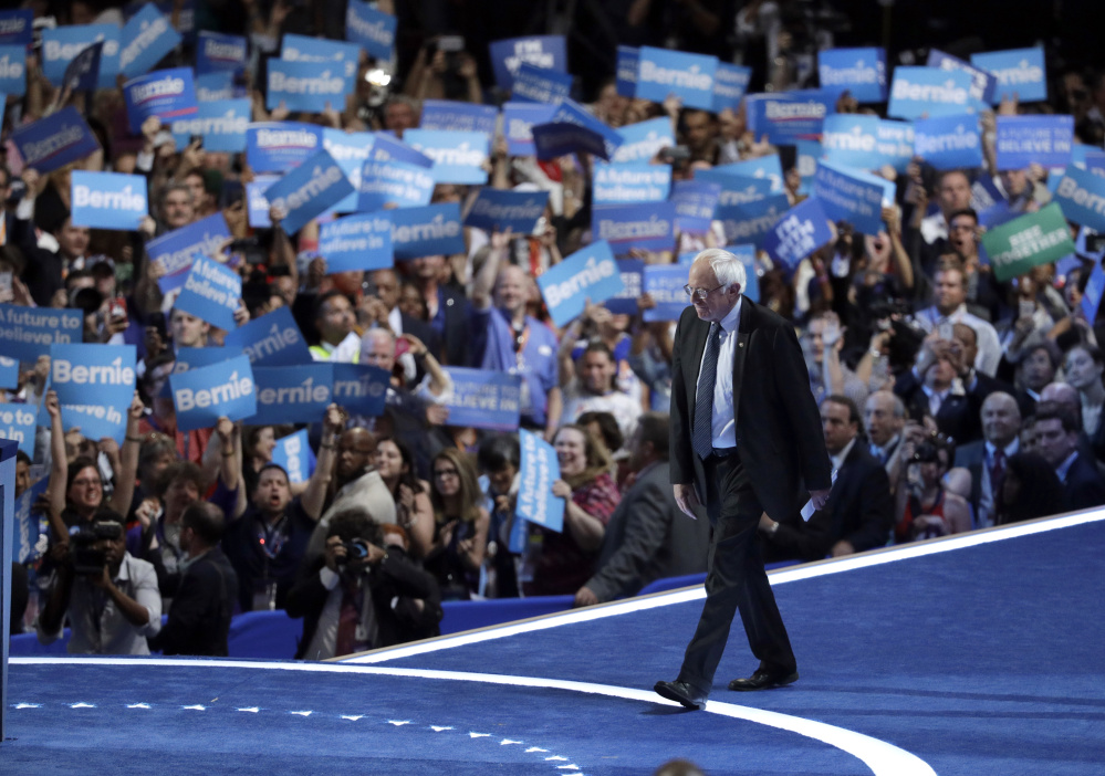 Vermont Sen. Bernie Sanders takes the stage on the first day of the Democratic National Convention in Philadelphia on, Monday.