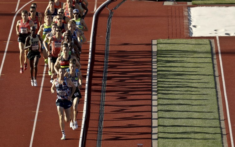 Racers compete in the men's 10,000-meter run at the U.S. Olympic Track and Field Trials on Friday in Eugene, Ore. Ben True of North Yarmouth finished 11th and missed a spot on the Olympic team.