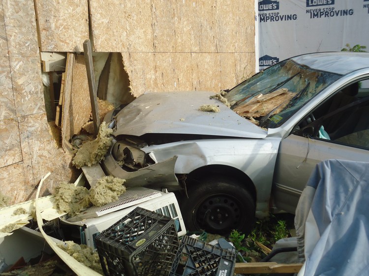 A Bath woman lost control of her car and ended up hitting this building Thursday evening.
Photo courtesy Brunswick Police Department