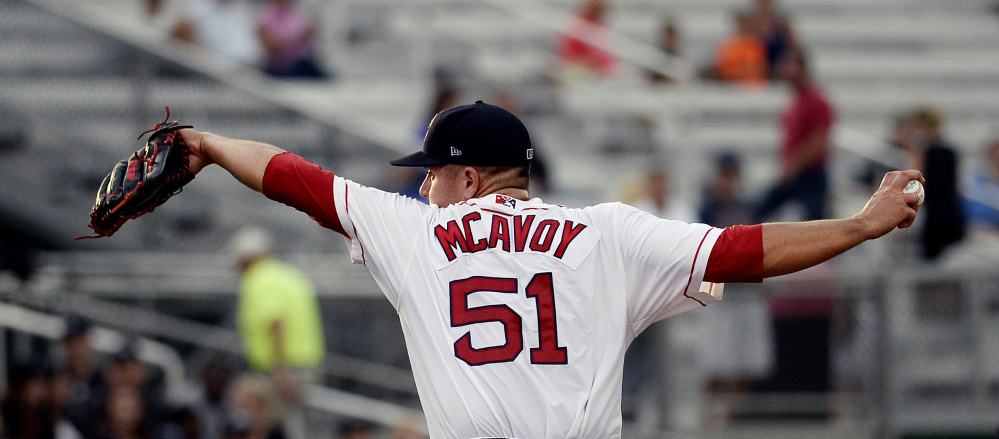 Shawn Patrick Ouellette/Staff Photographer
Portland's Kevin McAvoy pitches against the New Hampshire Fisher Cats Wednesday at Hadlock Field.