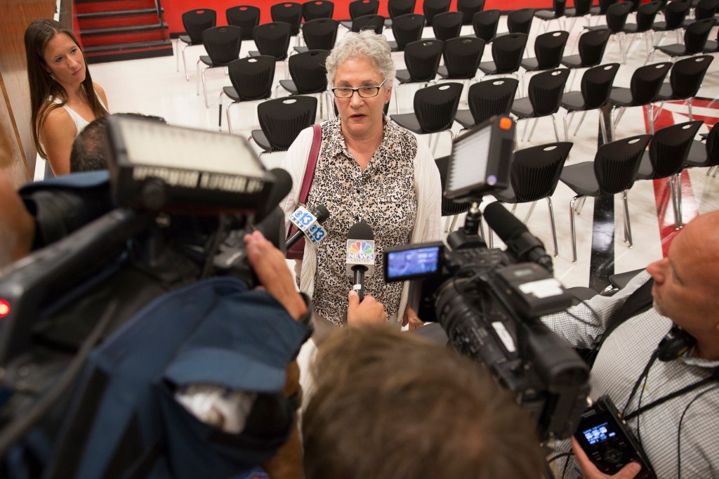 State Rep. Patricia Hymanson (D-York) meets with reporters after a heated exchange with Gov. Paul LePage. (Photo by Ben McCanna/Staff Photographer)