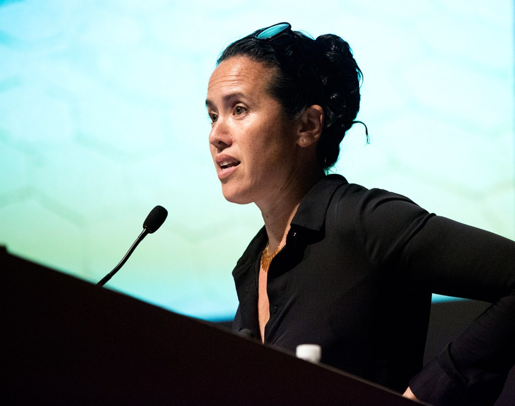 Sarah Sze, seen making her presentation at a forum earlier this month on the redesign of Congress Square, has public art projects on display in New York City and Venice, Italy.
Derek Davis/Staff Photographer