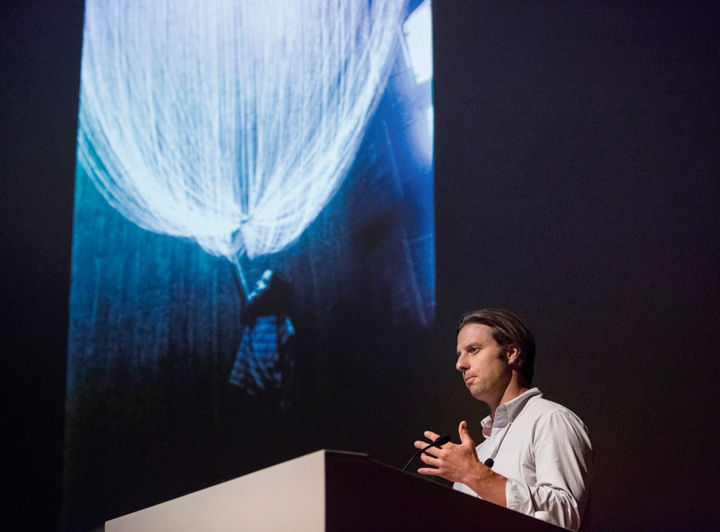 Patrick Marold of Denver makes his presentation to the audience of more than 100 people Monday at the Portland Museum of Art.
Derek Davis/Staff Photographer