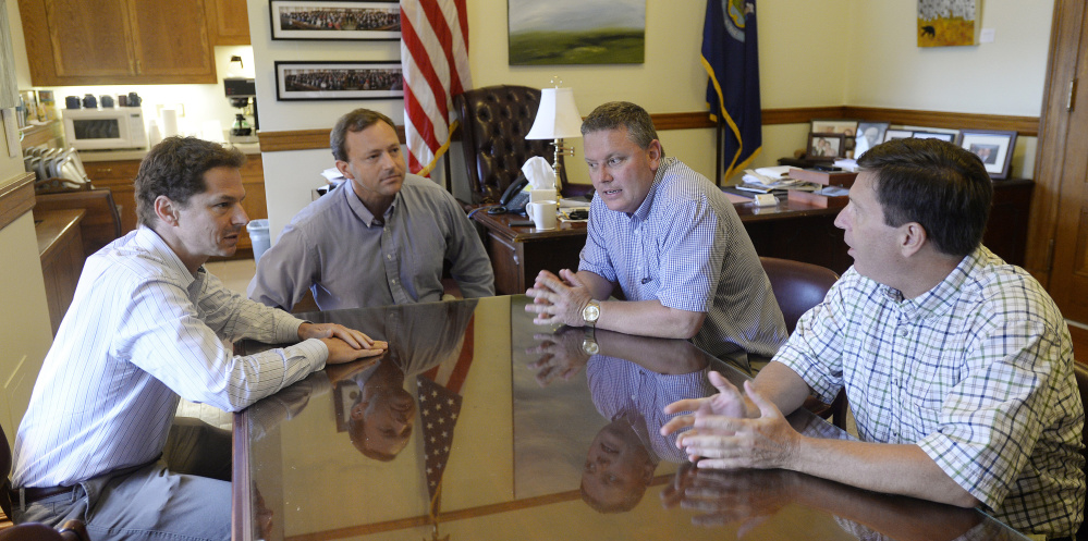 House Republican Leader Ken Fredette, right, derailed efforts by Senate Minority Leader Justin Alfond, left, House Speaker Mark Eves and Senate President Michael Thibodeau to address Gov. LePage's recent behavior.