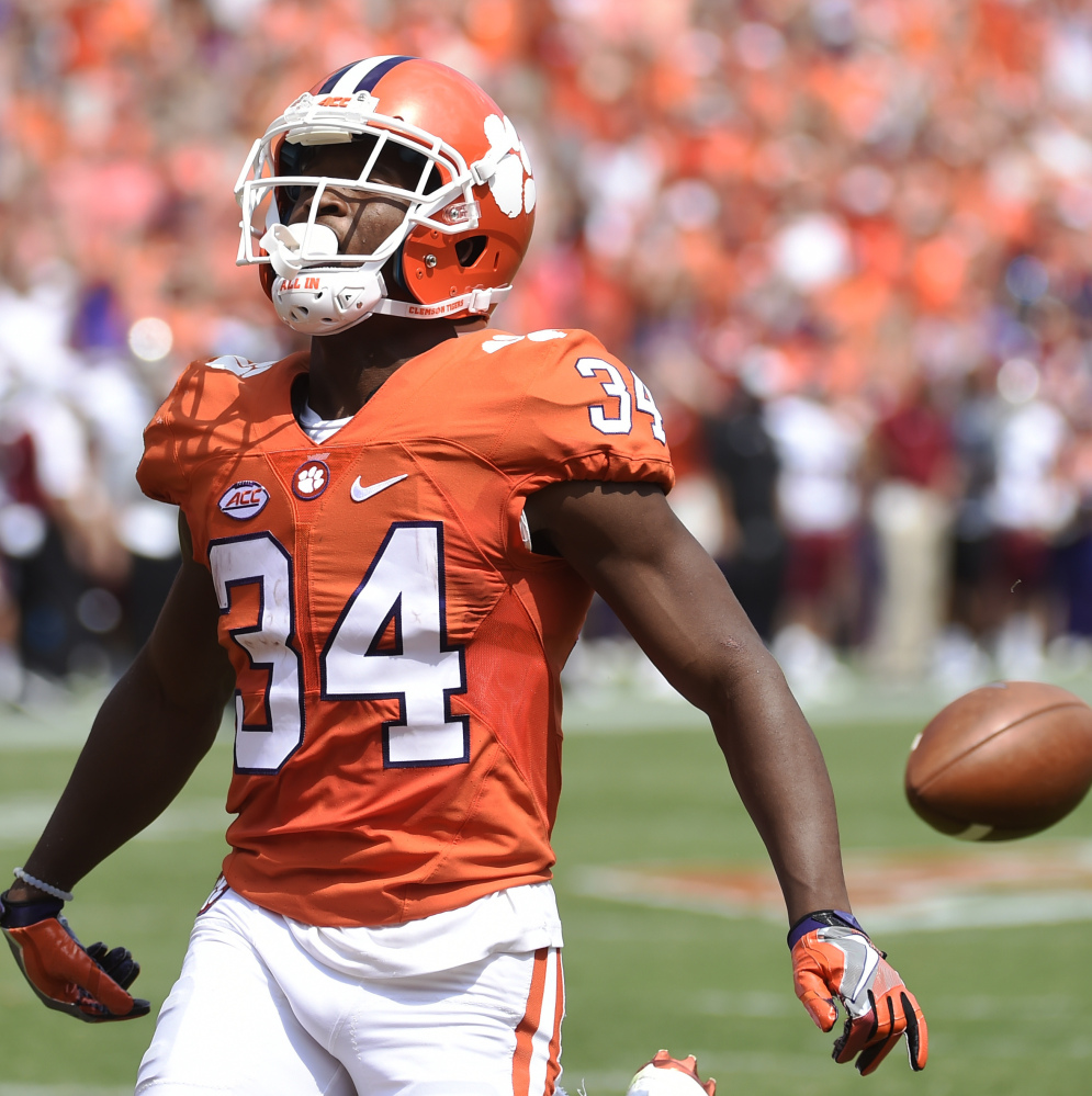 Clemson wide receiver Ray-Ray McCloud drops the football just before crossing the goal line during the Tigers' 30-24 win over Troy in Clemson, South Carolina.