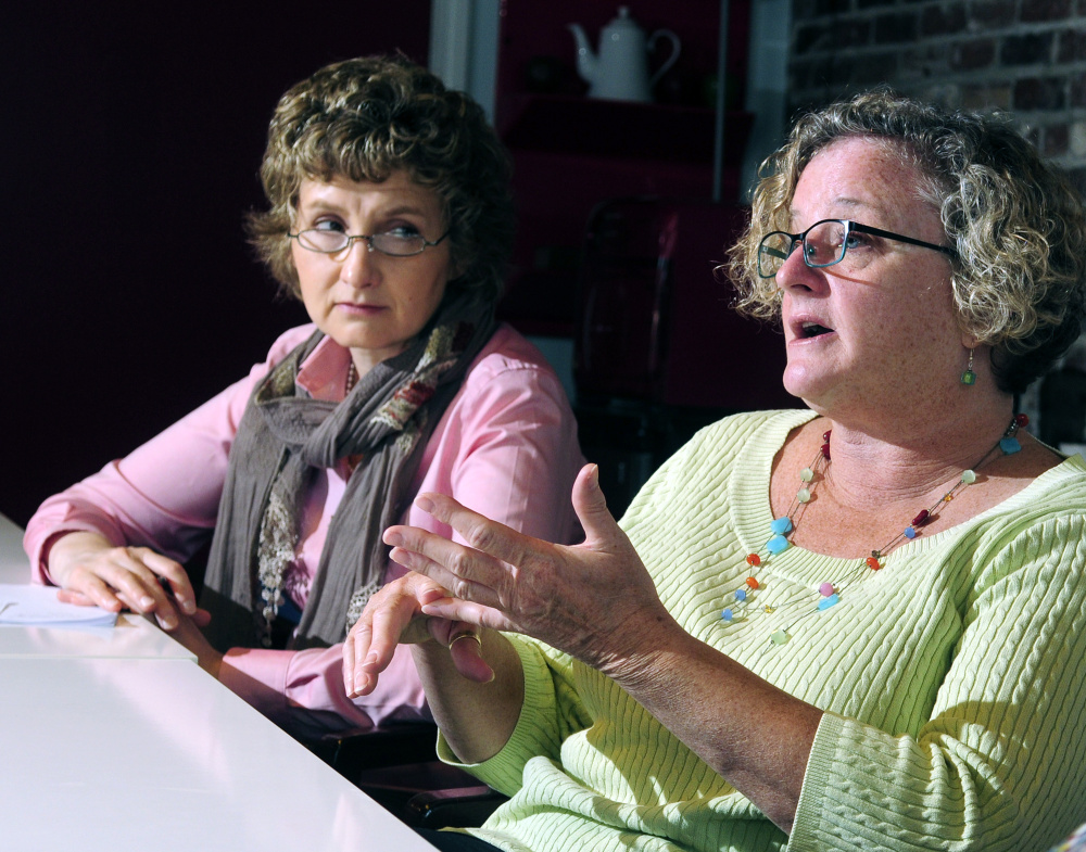 GrowSmart Maine membership coordinator Kirsten Stolte, left, and executive director Nancy Smith give an interview on Thursday in Gardiner.