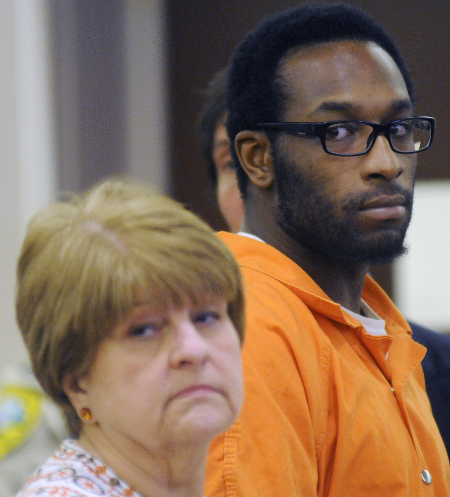 David W. Marble Jr. appears March 8 in Kennebec County Superior Court in Augusta, where he pleaded not guilty to two counts of murder in the shooting deaths of an Augusta couple on Christmas Day last year in Manchester.  He was represented by his attorneys Pamela Ames and David Geller. (Photo by Andy Molloy/Staff  Photographer)