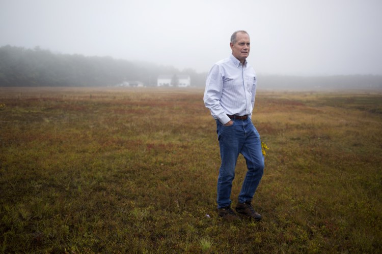 Jon Hill walks in his family's blueberry field in Brunswick. The property has been in the family for 80 years.