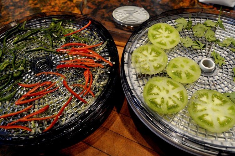 Vegetables in a dehydrator. Drying food saves money, and the end of garden season is a good time to try it.