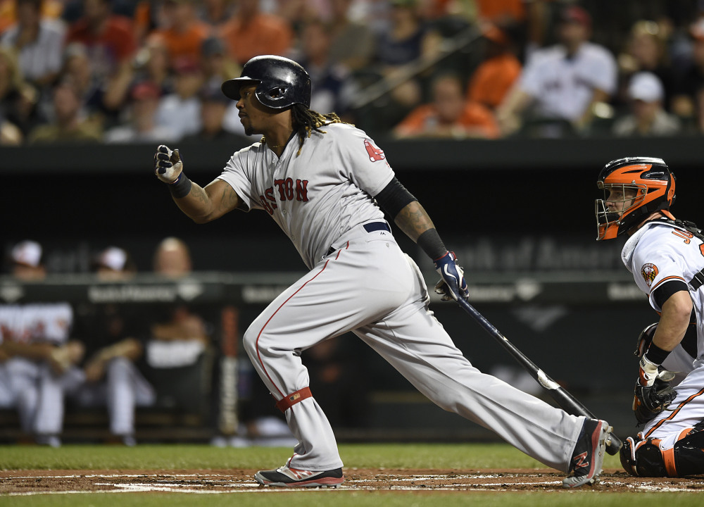 Boston's Hanley Ramirez follows through on a RBI single against the Baltimore Orioles in the first inning Thursday night in Baltimore.