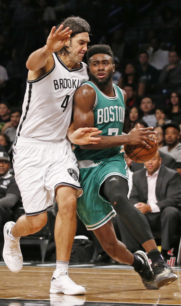 Celtics Coach Brad Stevens said of Jaylen Brown, "He works hard, and he ask questions, and he's here to get better every single day."