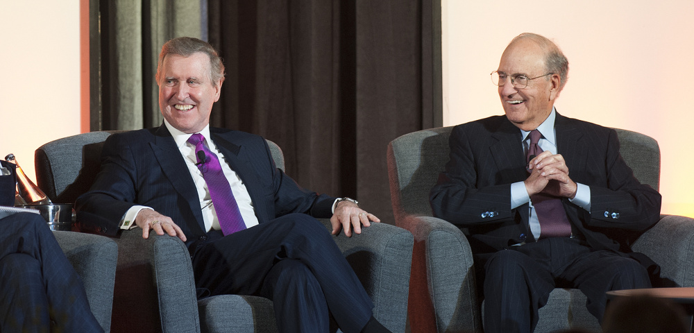 Former Sens. William Cohen and George Mitchell join Susan Collins, Angus King and Olympia Snowe at the Maine State Chamber of Commerce's annual dinner Friday night. John Harwood of CNBC moderated the event.