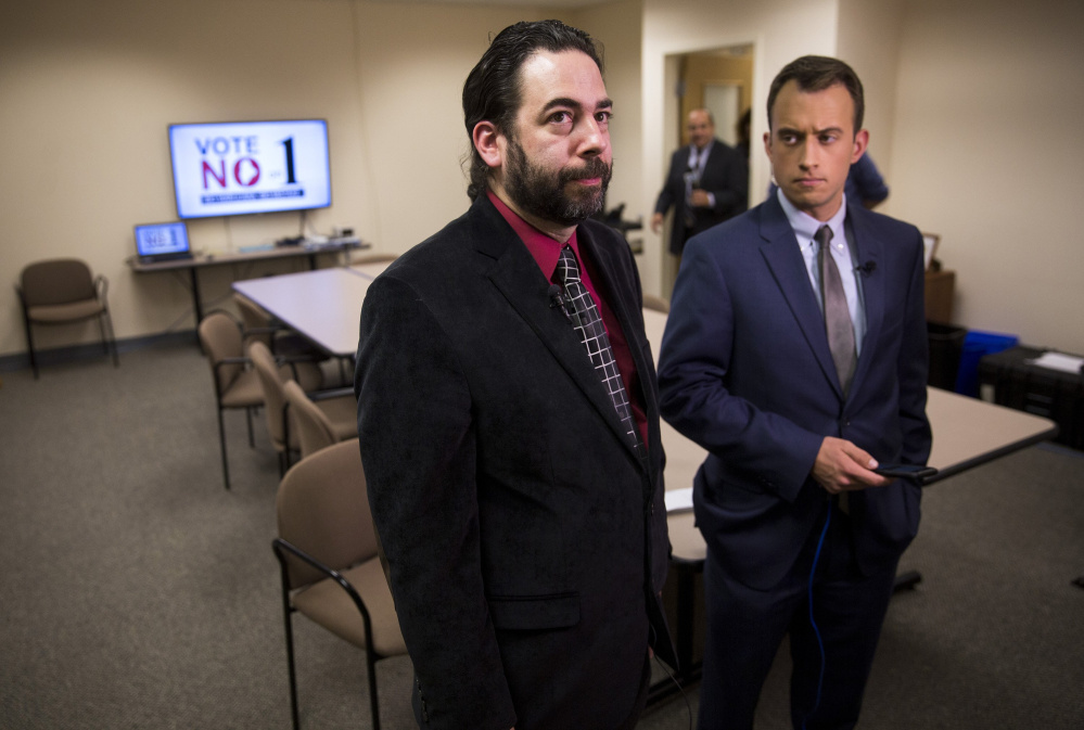 Scott Gagnon, left, campaign manager for No on 1, says his group Mainers Protecting Our Youth and Communities has received emails and phone calls "encouraging the coalition to stand firm" and try to overturn the pot legalization law unofficially passed by Maine voters.