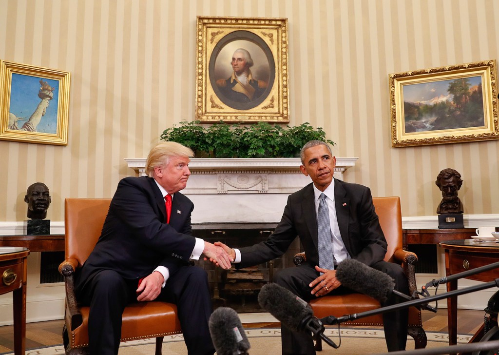 President Barack Obama and President-elect Donald Trump shake hands following their meeting in the Oval Office of the White House in Washington two days after the election.