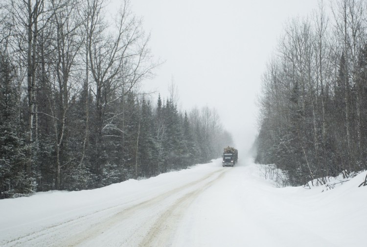 A logging truck barrels down a road on land owned by Irving Woodlands in February. A spokeswoman at the Canadian consulate in Boston says both countries have an interest in reaching a negotiated agreement on the issue of tariffs and that Canada is committed to free trade.