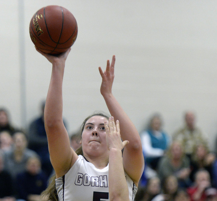 Mackenzie Holmes scored 32 points to help Gorham beat Greely 67-64 in a girls' basketball game Tuesday night in Gorham.