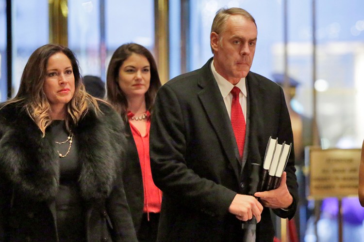 Rep. Ryan Zinke,  R-Mont., President-elect Donald Trump's choice for interior secretary, arrives at Trump Tower, in New York on Dec. 12, 2016. <em>Associated Press/Richard Drew</em>