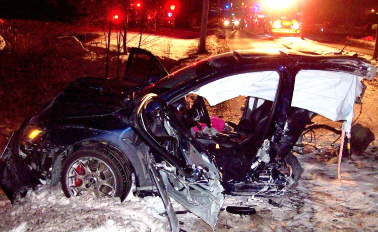 A car was split in two when it struck a tree on Townsend Road in Augusta on Thursday.