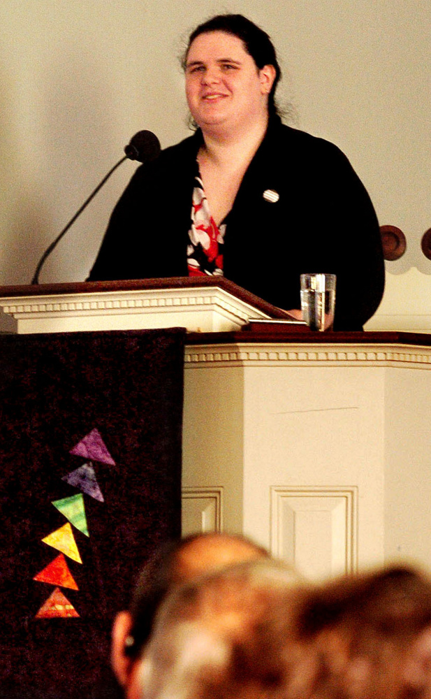 Quinn Gormley talks to a crowd of nearly 50 at the Universalist-Unitarian Church in Waterville. Gormley pulled from her own experience as a transgender woman.
Photos by David Leaming/ Morning Sentinel