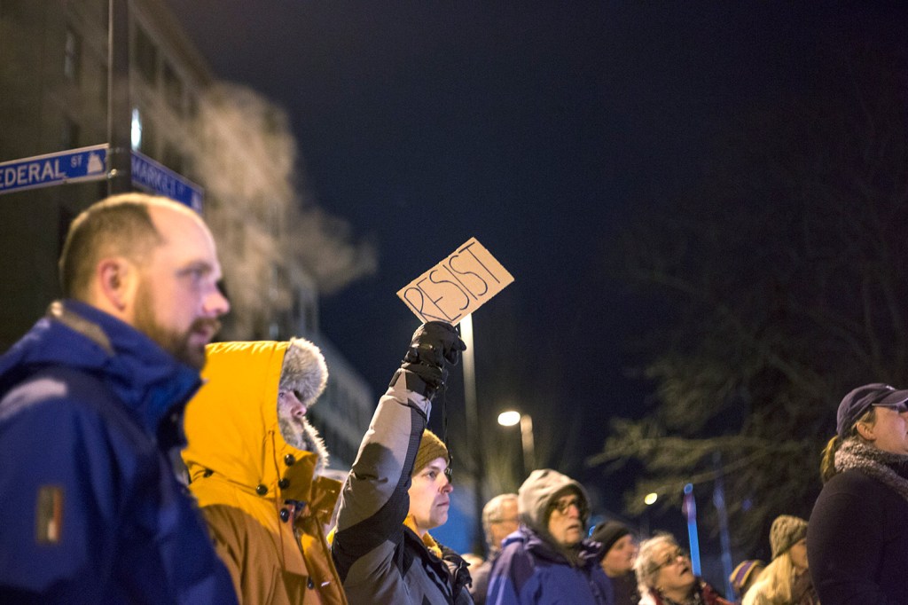 About 75 people protest outside the federal courthouse in Portland on Tuesday night after President Trump's announcement of his Supreme Court nominee.