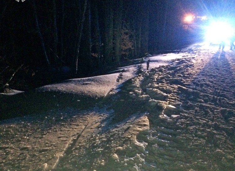 A Maine Warden Service photo of the tracks left by snowmobile operated by Edmond Imondi that veered off the trail west of Millinocket Lake.