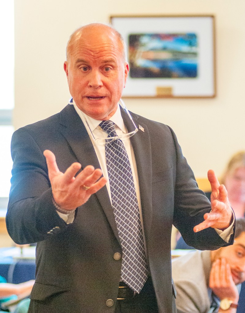 Scott Durst, a security consultant in the cannabis business, answers questions during Tuesday's hearing of the Marijuana Legalization Implementation Committee at the Cross State Office Building in Augusta.