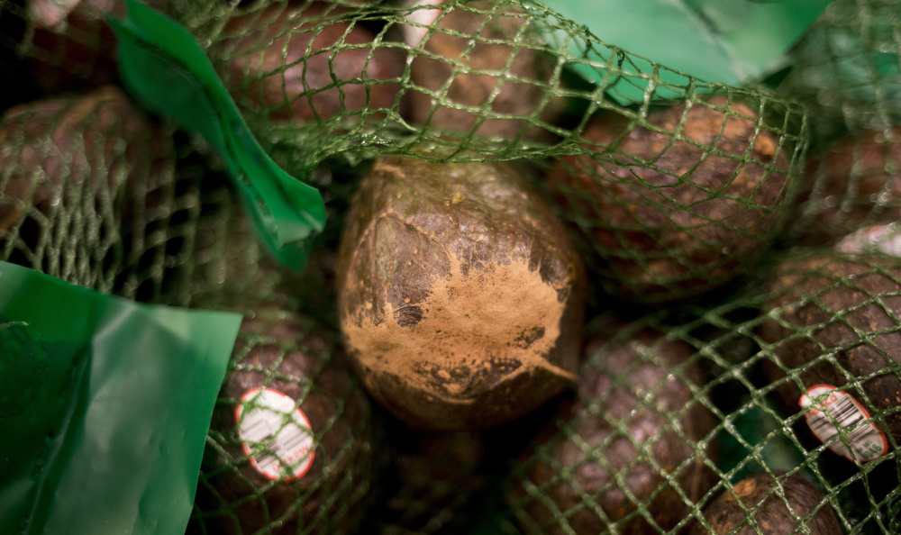 Avocados that have superficial flaws are set aside and put in the "misfit" display at the Hannaford store in Yarmouth.