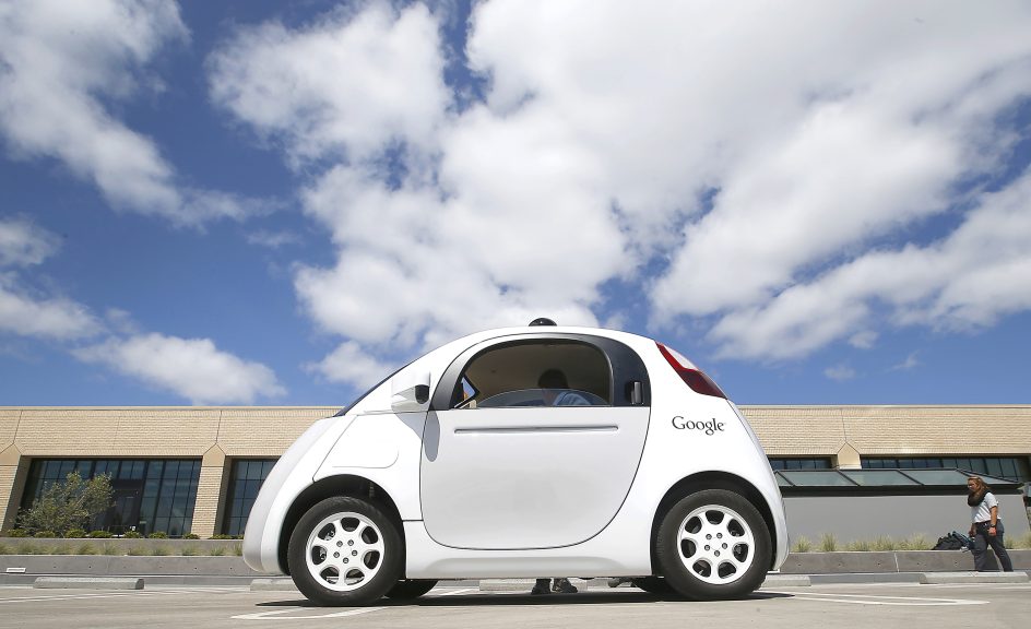 Google's self-driving prototype car is unveiled in 2015 in Mountain View, Calif. Supporters say driverless cars may one day be far safer than those with humans at the wheel, since the machinery won't drive distracted, drunk or drowsy.