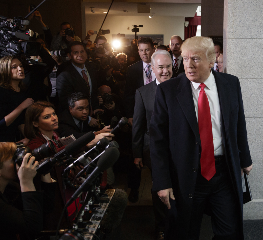 President Trump and Health and Human Services Secretary Tom Price arrive at the Capitol on Tuesday to rally Republican support for the House health care bill.