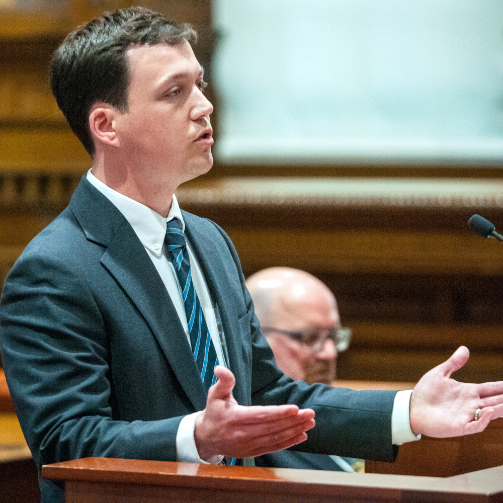 Staff photo by Joe Phelan
Attorney Caleb Gannon presents an appeal of Justin Pillsbury's murder conviction Thursday during a Maine Supreme Judicial Court hearing in the Capital Judicial Center in Augusta.