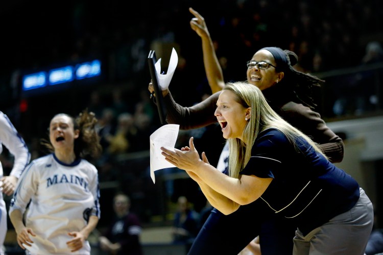 Coaches Amy Vachon, right,  will be UMaine's interim coach for the 2017-18 women's basketball season. 