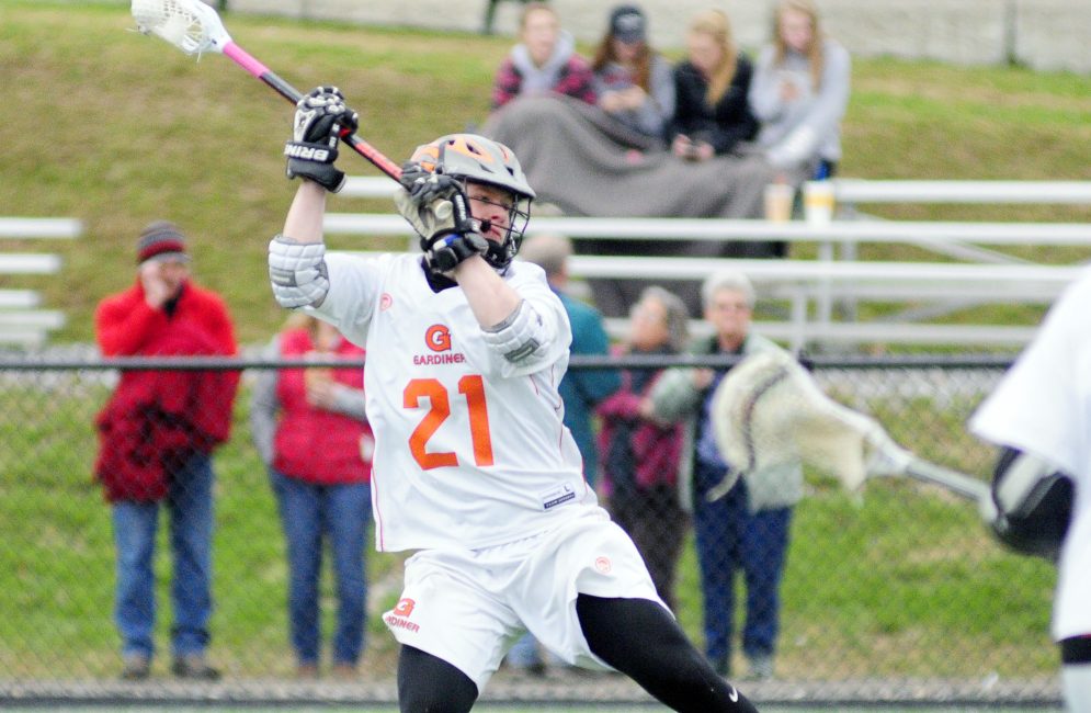 Gardiner's Sloane Berthaume winds up and then scores his team's first goal against Cony in April at Lincoln Academy in Newcastle.