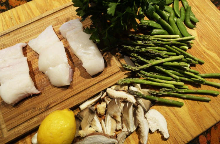 The ingredients for Christine Burns Rudalevige's Seize the Moment Halibut and Spring Vegetables.