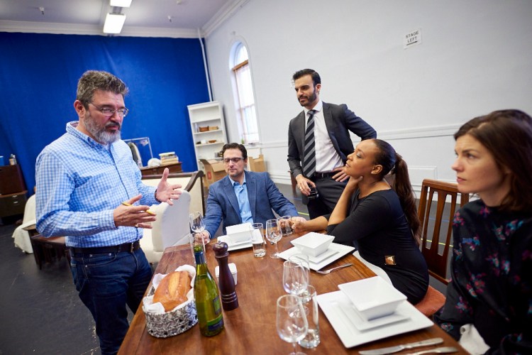 Director Chris Grabowski during rehearsal of "Disgraced," with Jonas Cohen as Isaac, Alex Purcell as Amir, Robyn Payne as Jory, and Roya Shanks as Emily.
Photo by Aaron Flacke