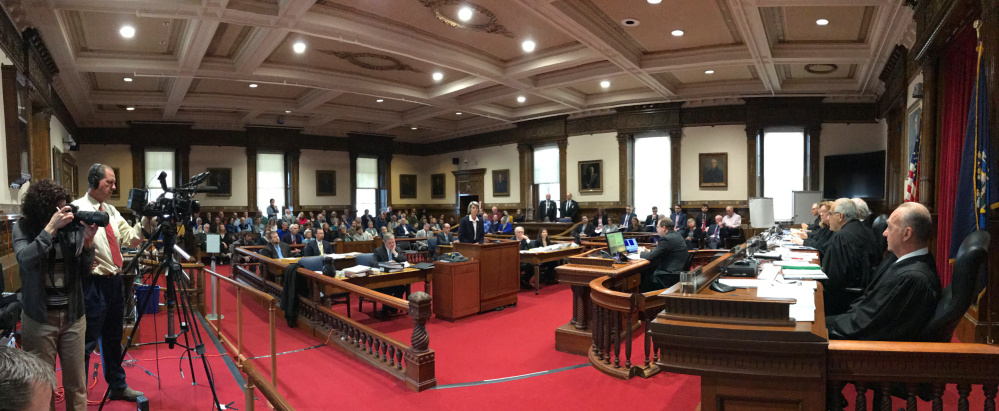 Phyllis Gardiner, assistant attorney general, argues on behalf of the attorney general and the secretary of state April 13 during a Maine Supreme Judicial Court hearing in the Capital Judicial Center in Augusta. The court will sit in Augusta this week to hear several high-profile cases.