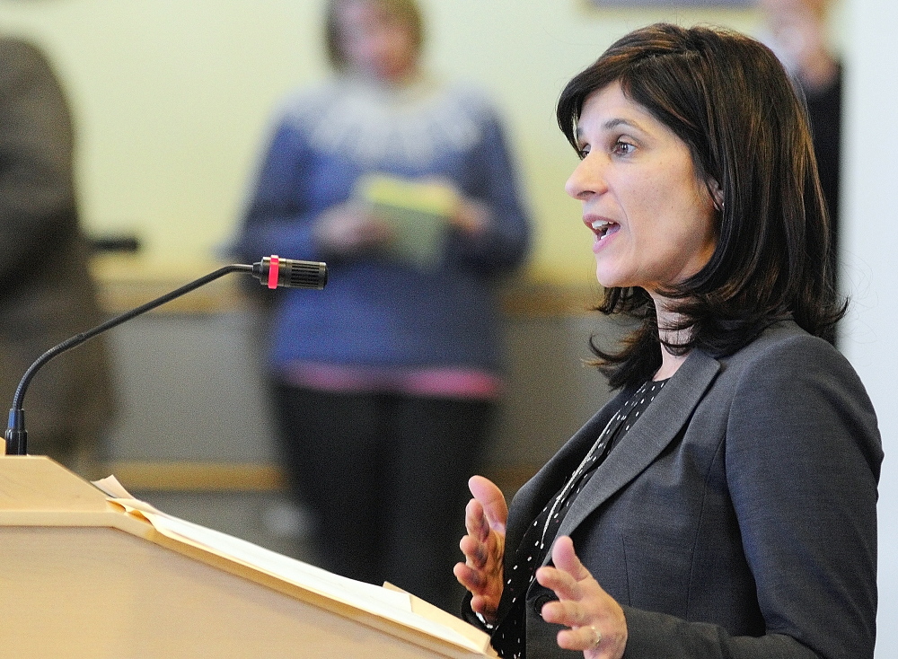 Staff photo by Joe Phelan
Maine House Speaker Sara Gideon on Monday unveiled a bill designed to help children escape poverty.