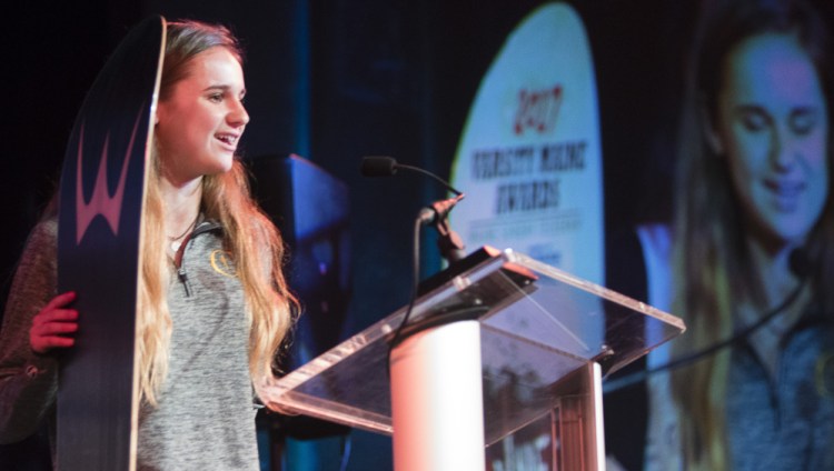 Emma Gallant, a standout track and field athlete at Cheverus, accepts her Fab Freshmen award during the Varsity Maine Awards. Staff photo by Carl D. Walsh