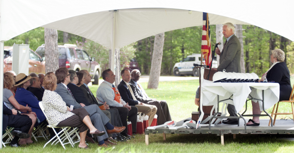 Staff photo by Joe Phelan
Former U.S. Rep. Mike Michaud speaks before the Cabin in the Woods groundbreaking on Friday at VA Maine Healthcare Systems-Togus.