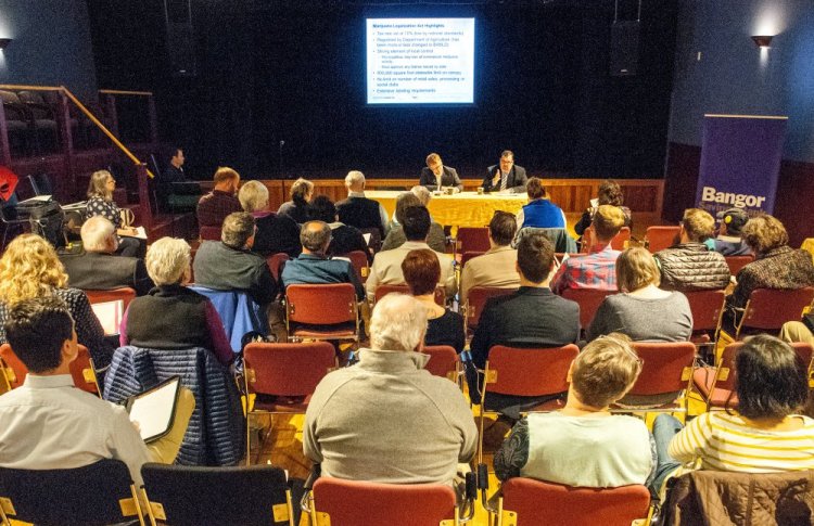 Jeff Levine, Portland's planning and urban development director, and attorney Ted Kelleher were on the first panel to present Friday at the "Marijuana on Main Street" event in Gardiner.